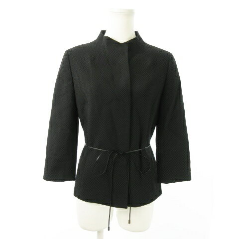 【中古】ストロベリーフィールズ STRAWBERRY-FIELDS ジャケット スタンドカラー 七分袖 ストレッチ ウール 総柄 ウエストマーク 黒 ブラック /AO5 レディース 【ベクトル 古着】 241007