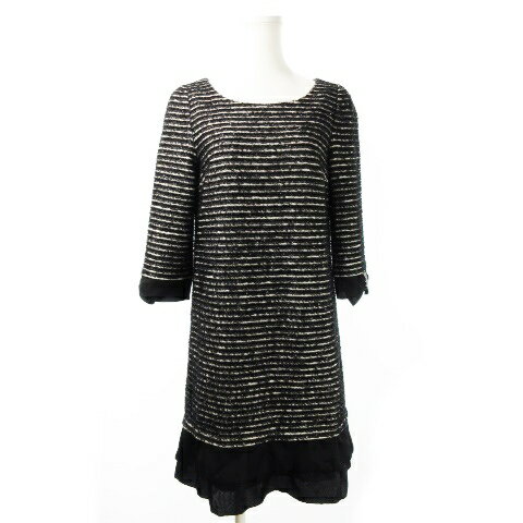 【中古】ストロベリーフィールズ STRAWBERRY-FIELDS ワンピース ニット ミニ 七分袖 ラメ スパンコール リボンモチーフ ボーダー 2 黒 ブラック /CK11 レディース 【ベクトル 古着】 241002