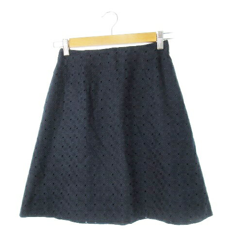 【中古】アベニールエトワール Aveniretoile スカート 総レース フレア ひざ丈 カットワーク 刺繍 フラワーモチーフ 小さいサイズ 34 紺 ネイビー /CK24 レディース 【ベクトル 古着】 250430