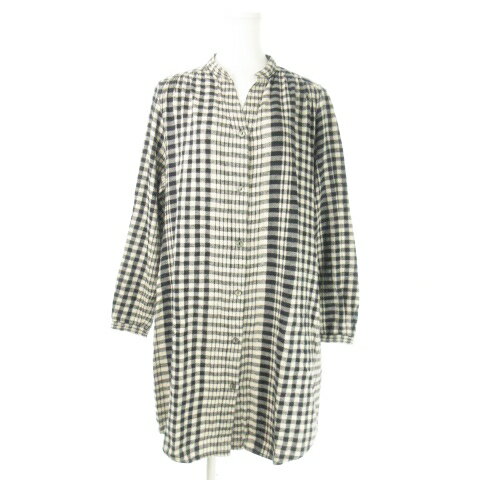 【中古】ニコアンド Niko and.. ワンピース ネルシャツ ひざ丈 バンドカラー スキッパー 長袖 麻 リネン 切替 チェック 総柄 ベージュ /AO4 ☆ レディース 【ベクトル 古着】 240530