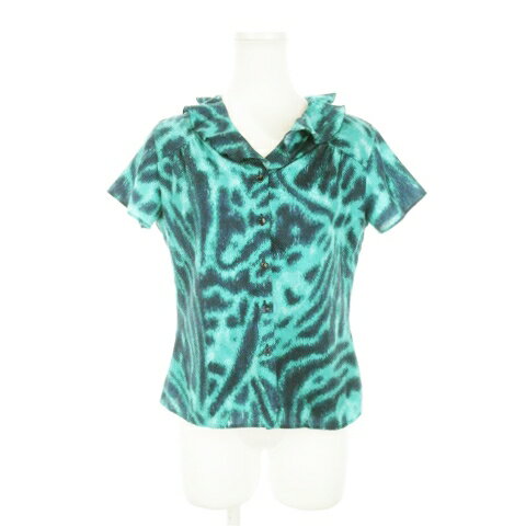 【中古】アンクライン ANNE KLEIN ブラウス シャツ Vネック フリルネック 半袖 マーブル ヒョウ柄 総柄 9 緑 エメラルドグリーン /AH2 ☆ レディース 【ベクトル 古着】 240612