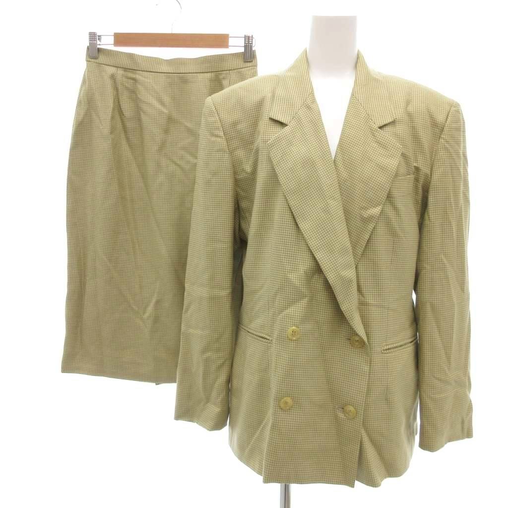 【中古】カルバンクライン CALVIN KLEIN ジャケット スカート セットアップ シルク混 11 ベージュ グリーン ダブルブレスト チェック柄 /UO ■GY53 レディース 【ベクトル 古着】 251218