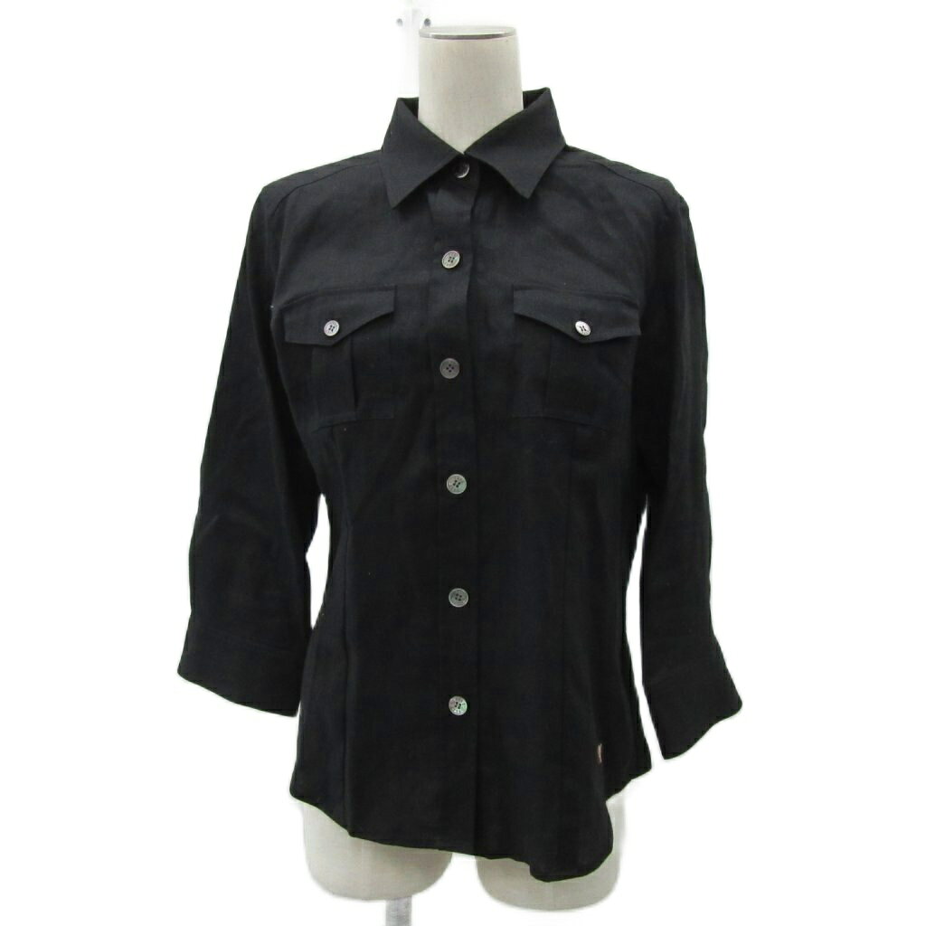 【中古】ダックス DAKS シャツ ブラウス 麻 リネン 大きいサイズ 42 XL 黒 ブラック 七分袖 フラップポケット /YS7 ■GY61 レディース ..
