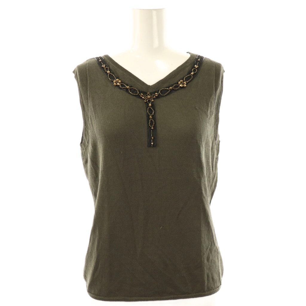 【中古】トラサルディ TRUSSARDI カットソーノースリーブ 42 カーキ Vネック ビーズ装飾 /RP ■GY58 レディース 【ベクトル 古着】 260114