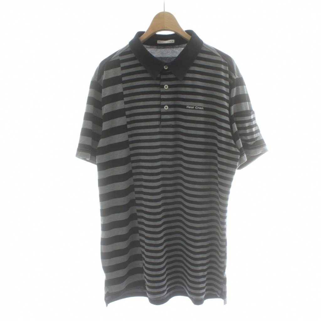 【中古】ヒールクリーク Heal Creek ポロシャツ 50 グレー 黒 ブラック ストライプ柄 ポロカラー 半袖 ゴルフウェア /PP ■GY58 メンズ ..