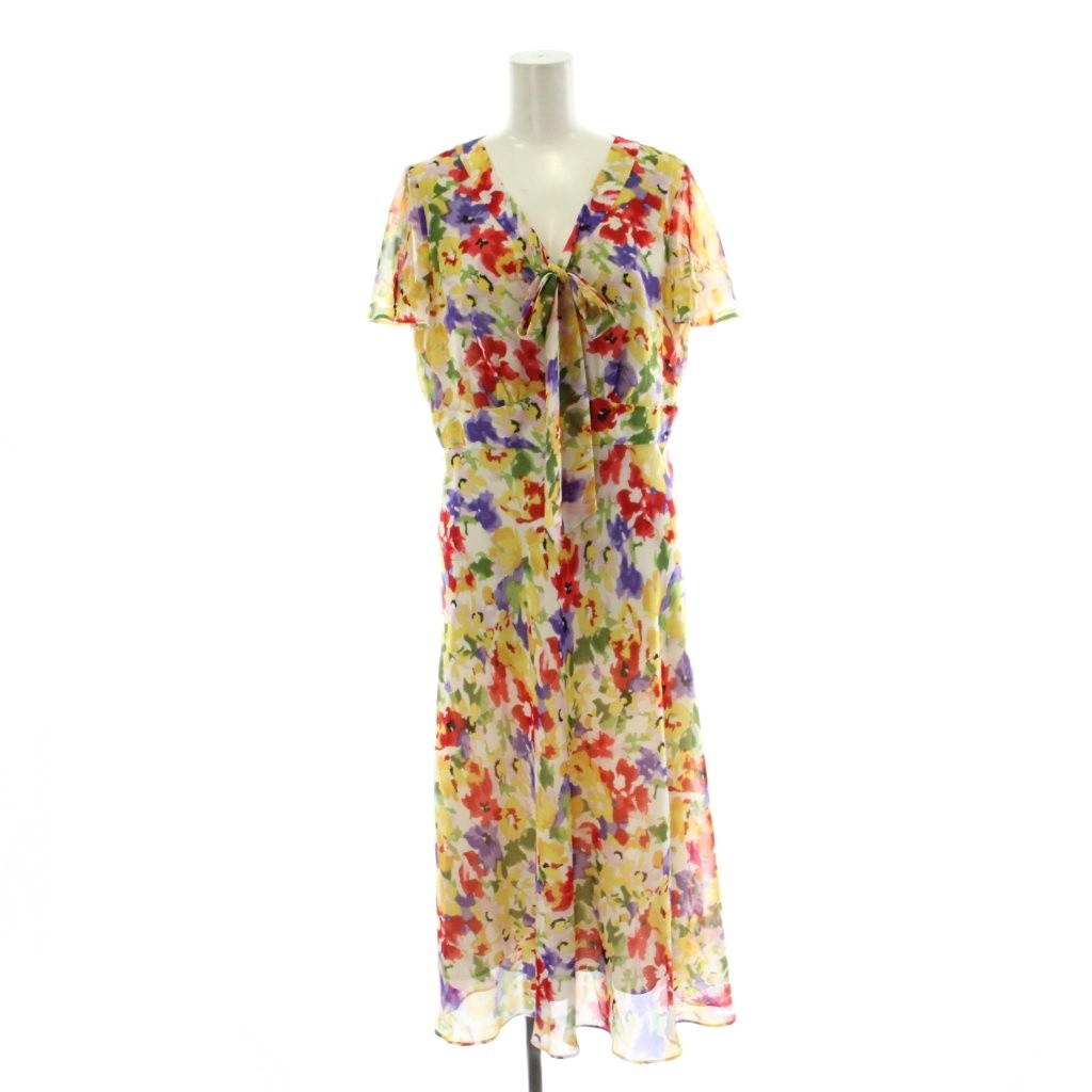 【中古】ローラアシュレイ LAURA ASHLEY ワンピース 9 マルチカラー 花柄 リボンタイ 半袖 ミモレ丈 フレアシルエット シフォン /PP ■GY60 レディース 【ベクトル 古着】 260212