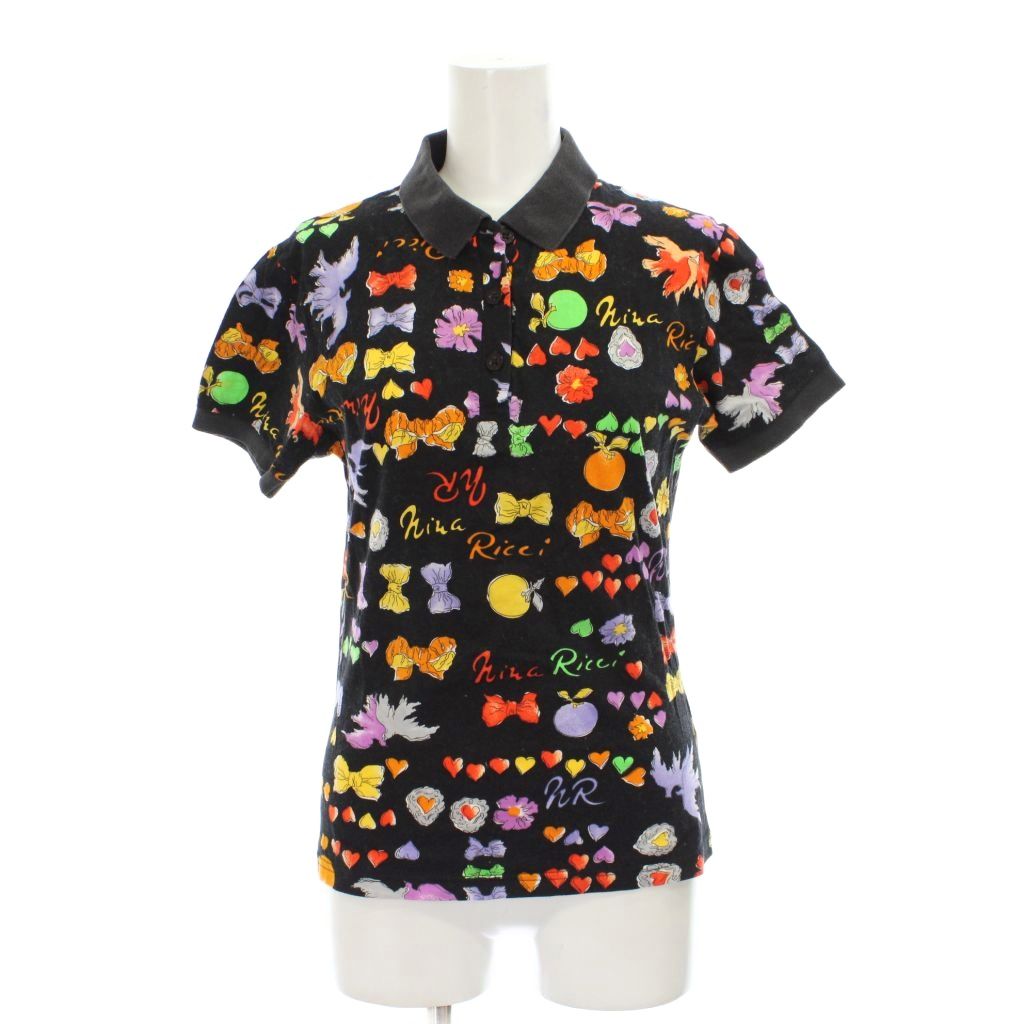【中古】ニナリッチ NINA RICCI ポロシャツ 0 黒 ブラック マルチカラー 総柄 半袖 /GP ■GY58 レディース 【ベクトル 古着】 260216