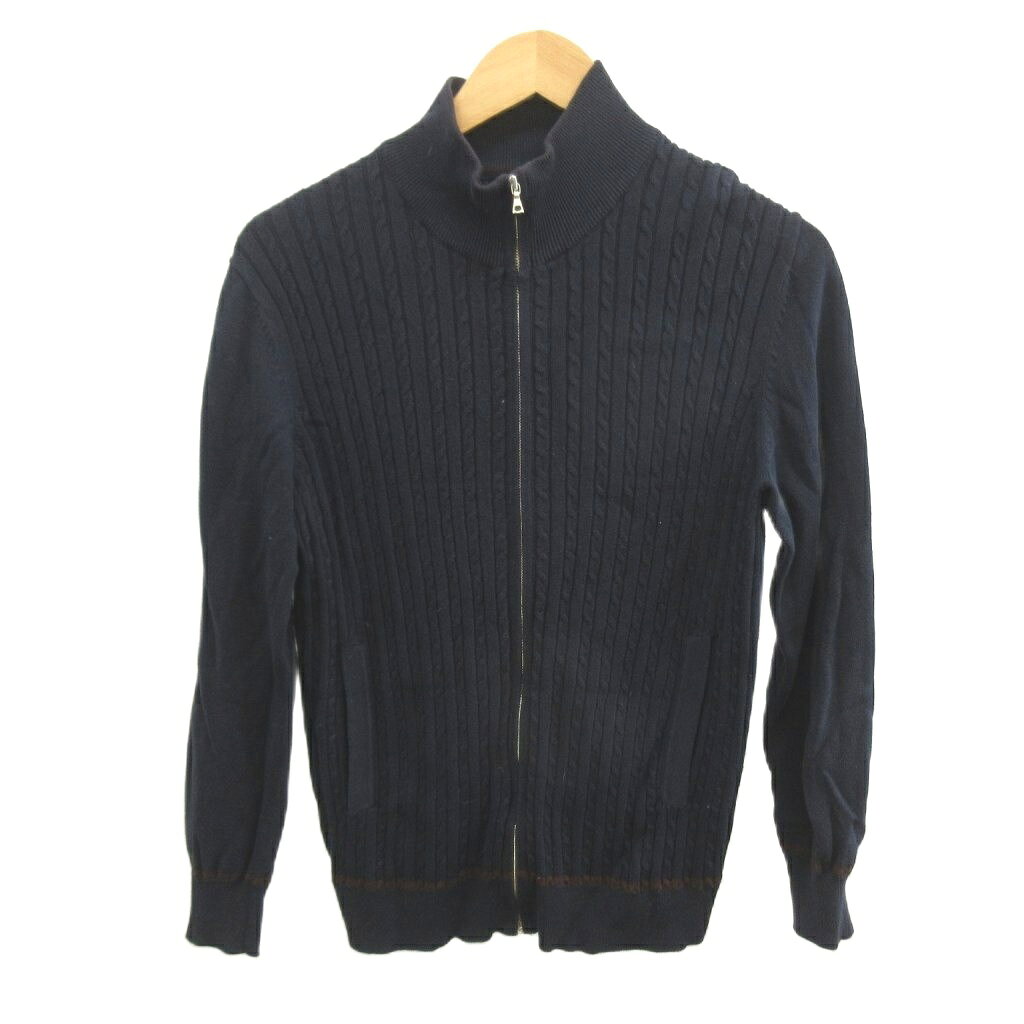 【中古】タケオキクチ TAKEO KIKUCHI ニットジャケット 上着 2 紺 ネイビー ケーブル編み スタンドカラー 長袖 /YU ■ECC003 メンズ 【ベクトル 古着】 260406