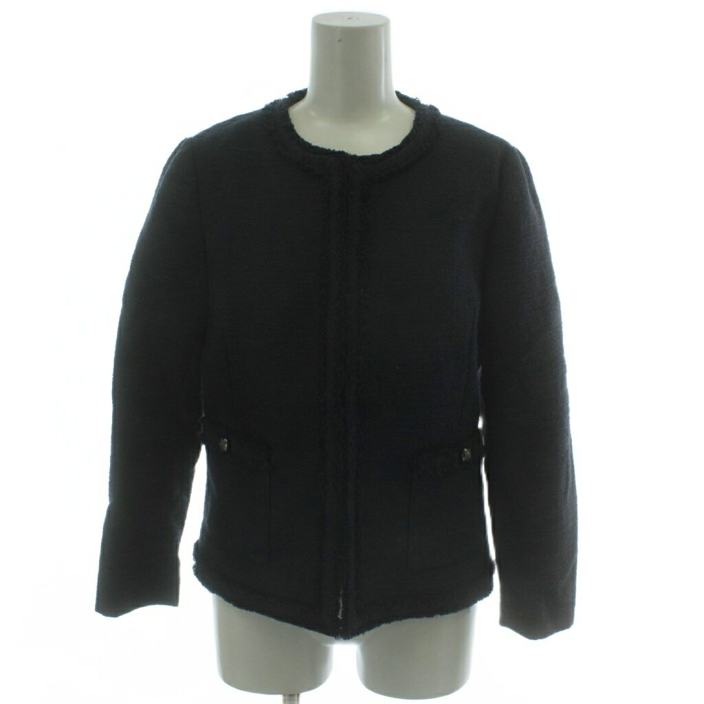 【中古】自由区 オンワード樫山 ノーカラージャケット 38 紺 長袖 ツイード CJK.WM.SM.0315 /GG ■ECE004 レディース 【ベクトル 古着】 260413