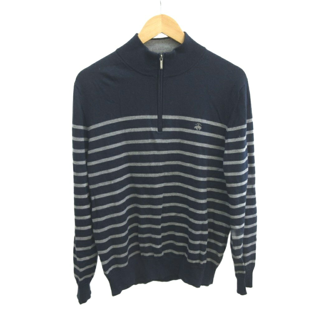 Knit Sweater - 【中古】ブルックスブラザーズ BROOKS BROTHERS ニット セーター ウール L 紺 ネイビー 長袖 ボーダー柄 ハーフジップ/NP ■ECA004 メンズ 【ベクトル 古着】 260410