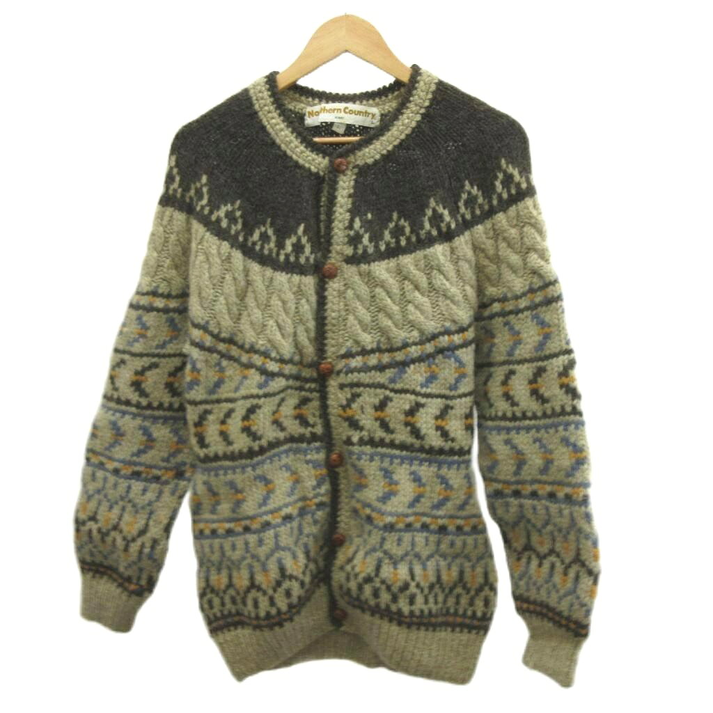 中古 ノーザンカントリー Northern Country ニットカーディガン ウール L ベージュ 幾何学模様 ケーブル編み ラウンドネック 長袖 /MD ECD001 メンズ ベクトル 古着 260415