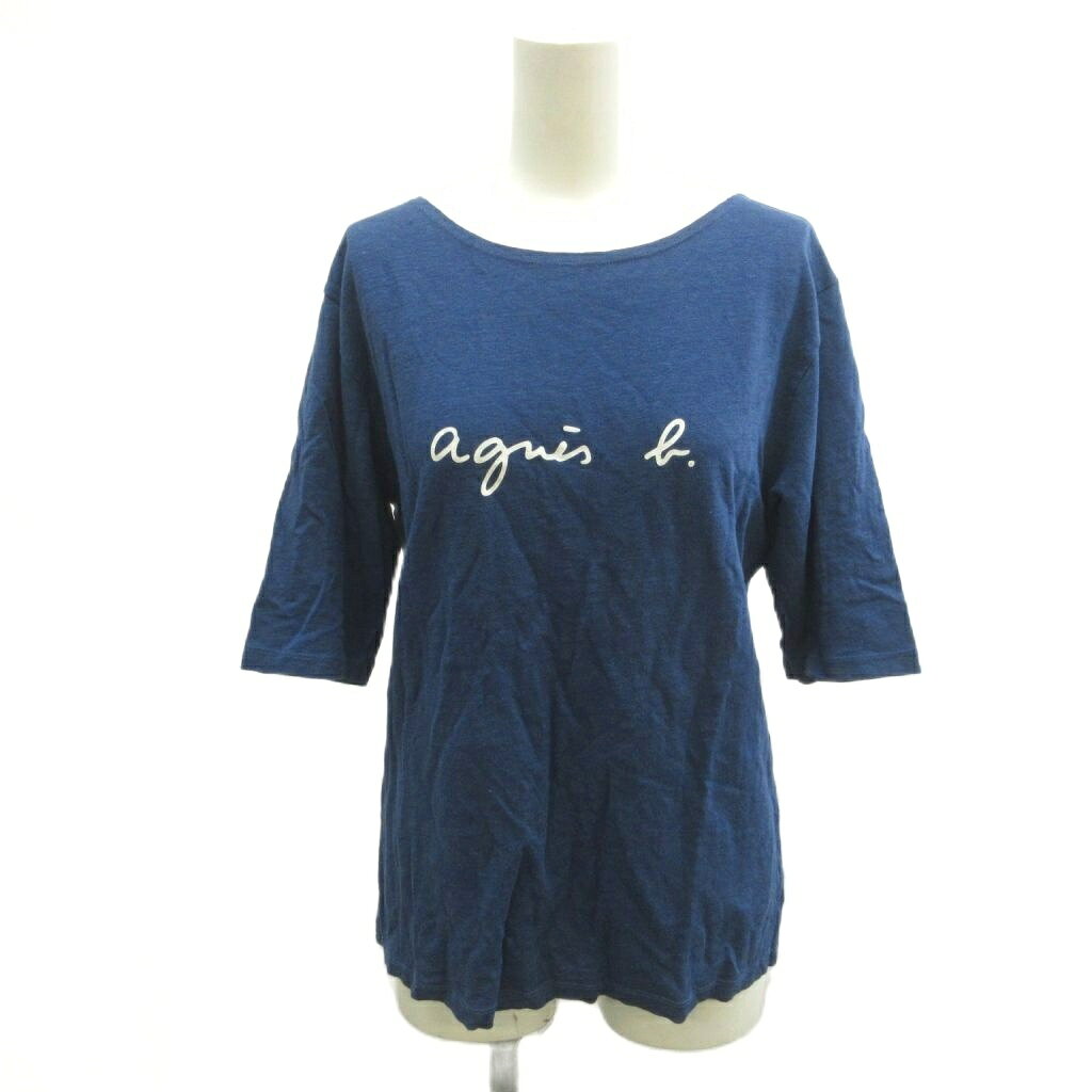乐天商城 - 【中古】アニエスベー agnes b. Tシャツ 麻 リネン M 青 ブルー ロゴプリント ラウンドネック 五分袖 /NP ■ECC004 レディース 【ベクトル 古着】 260423