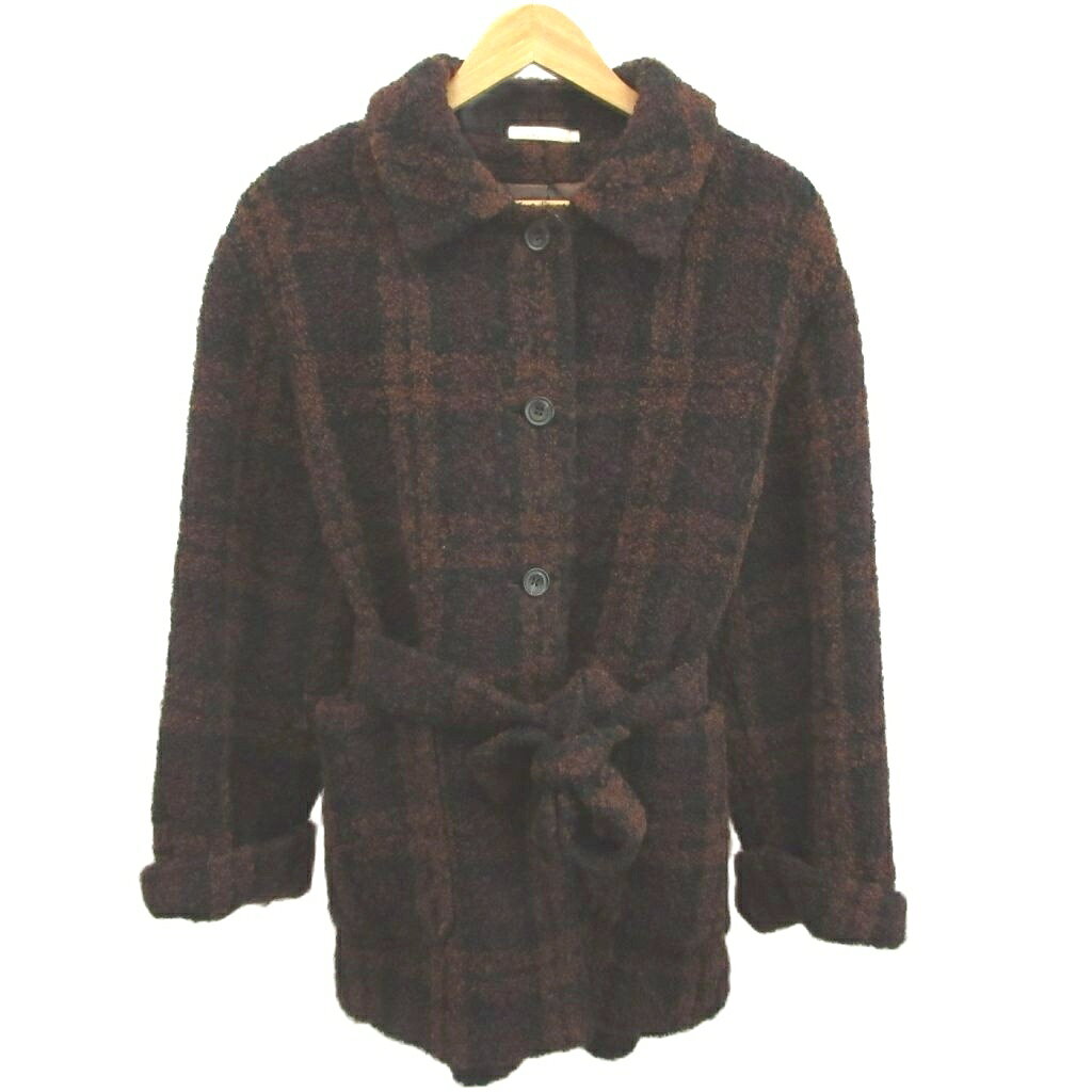 【中古】アクアスキュータム AQUASCUTUM コート ウール M 茶 ブラウン チェック柄 長袖 ベルト付き /NP ■ECD004 レディース 【ベクトル 古着】 260511