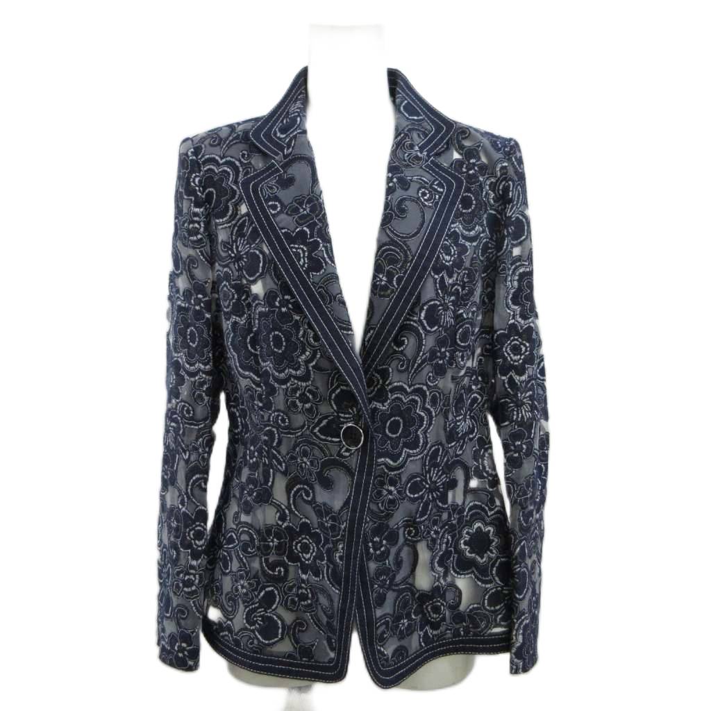 レジアンス REGENCE テーラードジャケット シースルー シングル 1B 花柄 総柄 刺繍 肩パッド 38 M 紺 ネイビー /XZ ■ECA006 レディース  260608