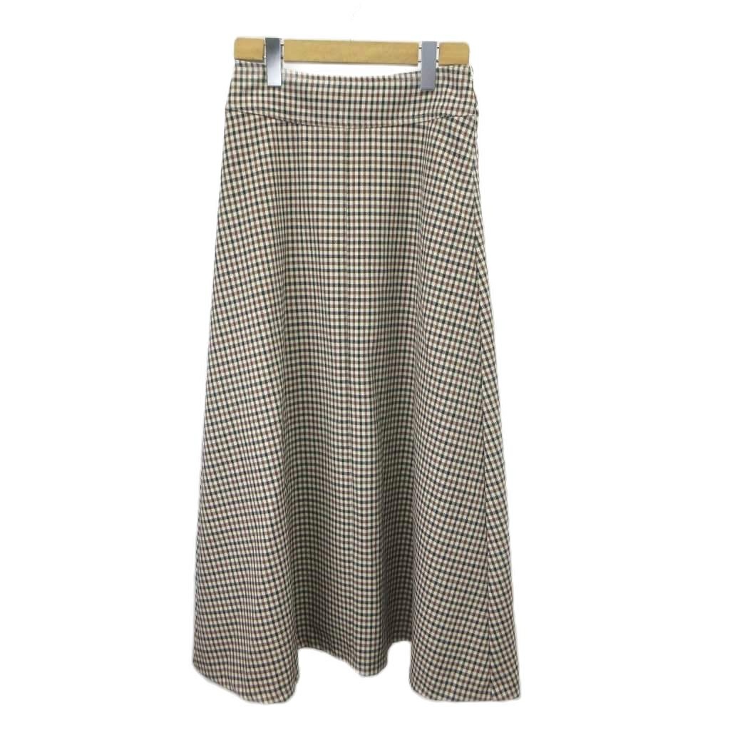 미사용품 Mila Owen 플레어 스커트 체크 패턴 사이즈 0 베이지 브라운 롱 길이 바텀 태그 부착