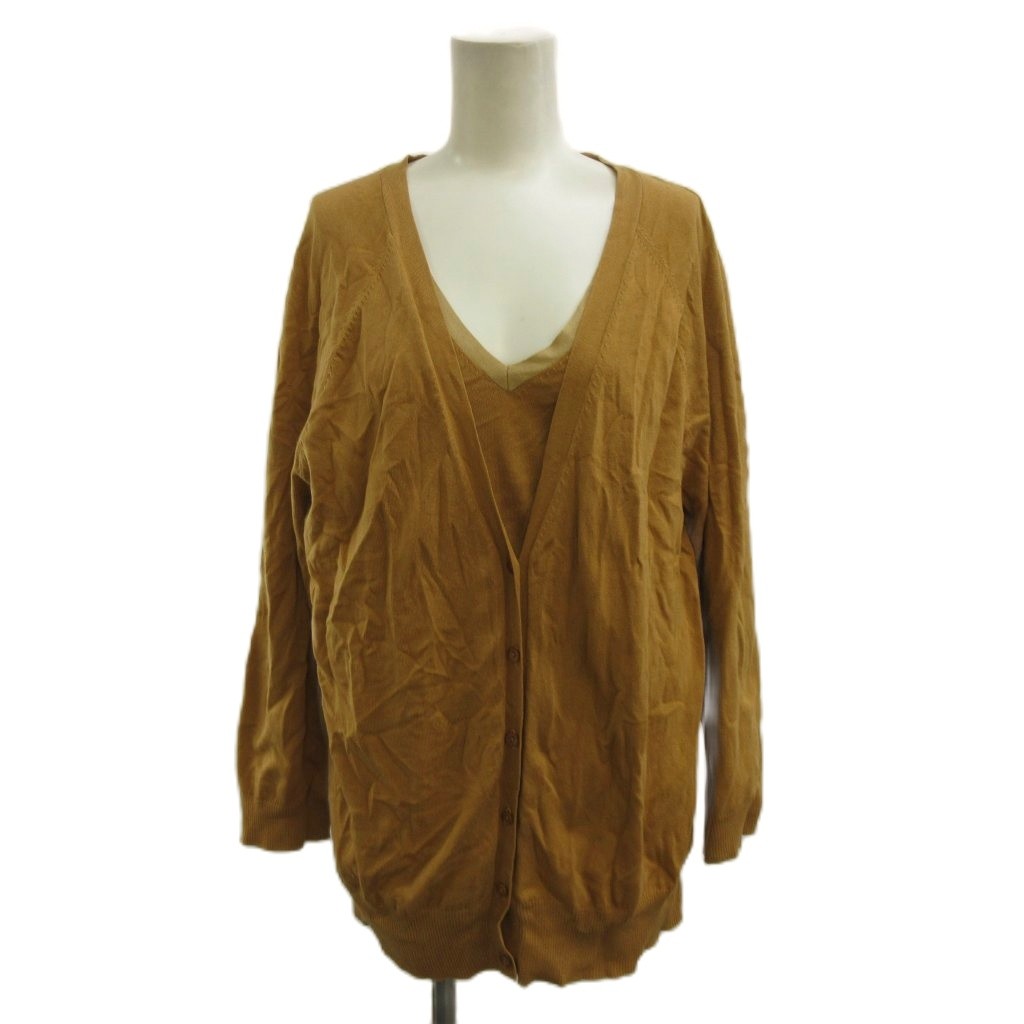 【中古】ダナキャランニューヨーク DKNY アンサンブルニット 2点セット ニットカーディガン ノースリーブニット M/L キャメル Vネック 長袖 ボタン留め /SH ■ECC007 レディース 【ベクトル 古着】 260727