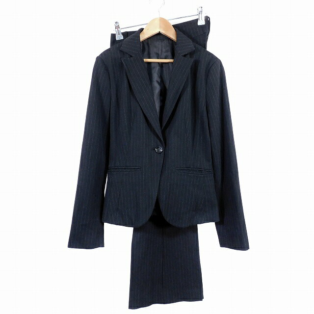 【中古】ノーブランド スーツ セットアップ 上下 テーラードジャケット シングル 長袖 スラックス パンツ ストライプ L 黒 ブラック トップス ボトムス /YA レディース 【ベクトル 古着】 250731