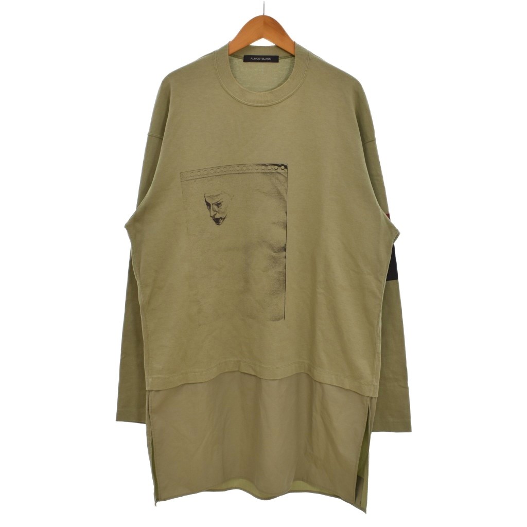 オールモストブラック ALMOSTBLACK Tシャツ グラフィックプリント 長袖 ロング丈 ドッキング 切替 1 カーキ 緑 20AW-CS03 メンズ  260706