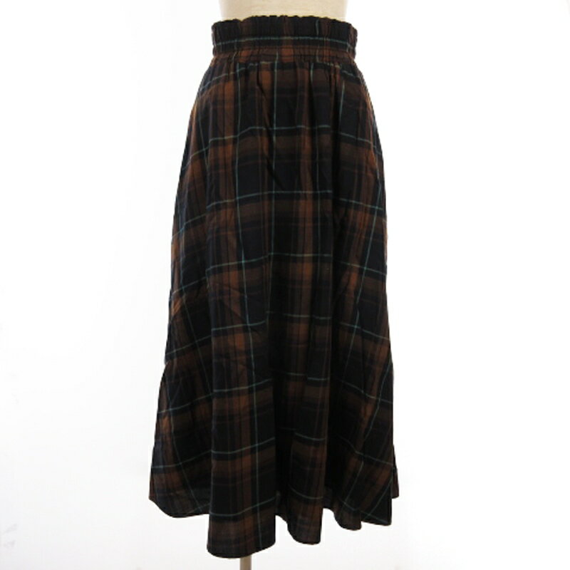 【中古】ストロベリーフィールズ STRAWBERRY-FIELDS 良品 スカート ロング フレア チェック イージー コットン混 茶 ブラウン ボトムス ■ECS レディース 【ベクトル 古着】 240813