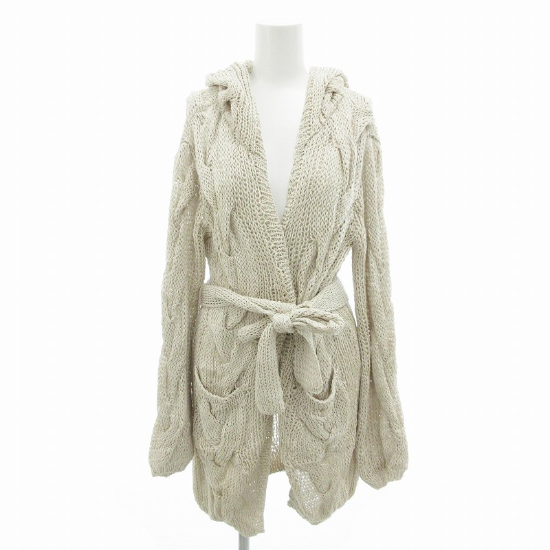 【中古】Three Hundred Thirty Days スリーハンドレッドサーティデイズ ロングニットカーディガン フード ベルト付き ボタンレス コットン 38 オフホワイト /FF レディース 【ベクトル 古着】 250422