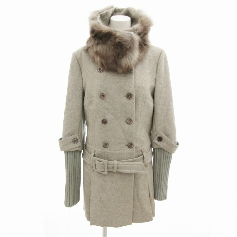 【中古】ピンコ PINKO ベルテッドコート スタンドカラー フォックスファー ウール ミドル丈 44 グレー /HO ■GY99 レディース 【ベクトル 古着】 250623