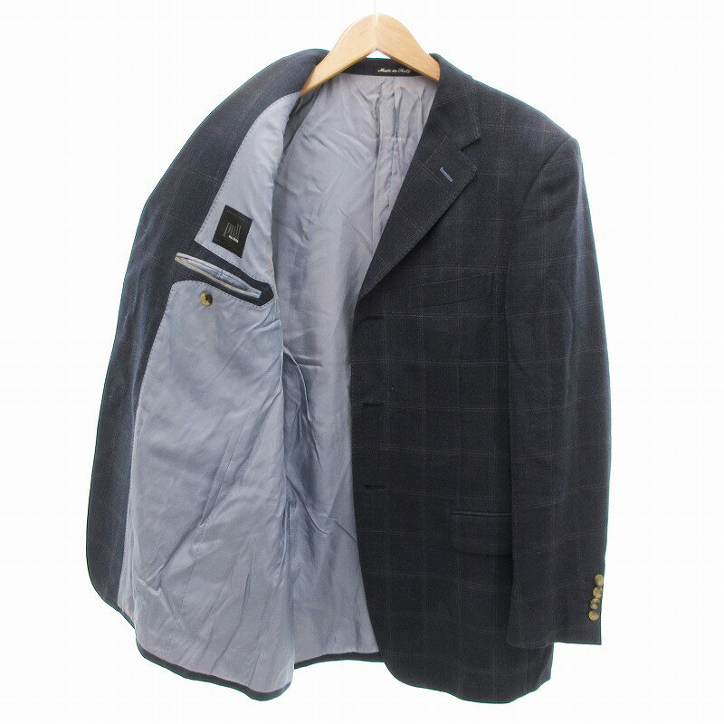 【中古】パルジレリ PAL ZILERI テーラードジャケット ブレザー 3B チェック シルク混 リネン混 52 ネイビー /JS メンズ 【ベクトル 古着】 250714