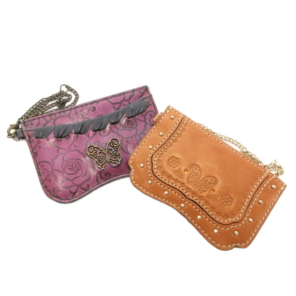 【中古】アナスイ ANNA SUI パスケース 名刺入れ 2点セット まとめて 茶 ブラウン 紫 パープル バラ柄 ローズ柄 蝶 バタフライ 型押し スタッズ チェーン /FF ■GY99 レディース 【ベクトル 古着】 251025