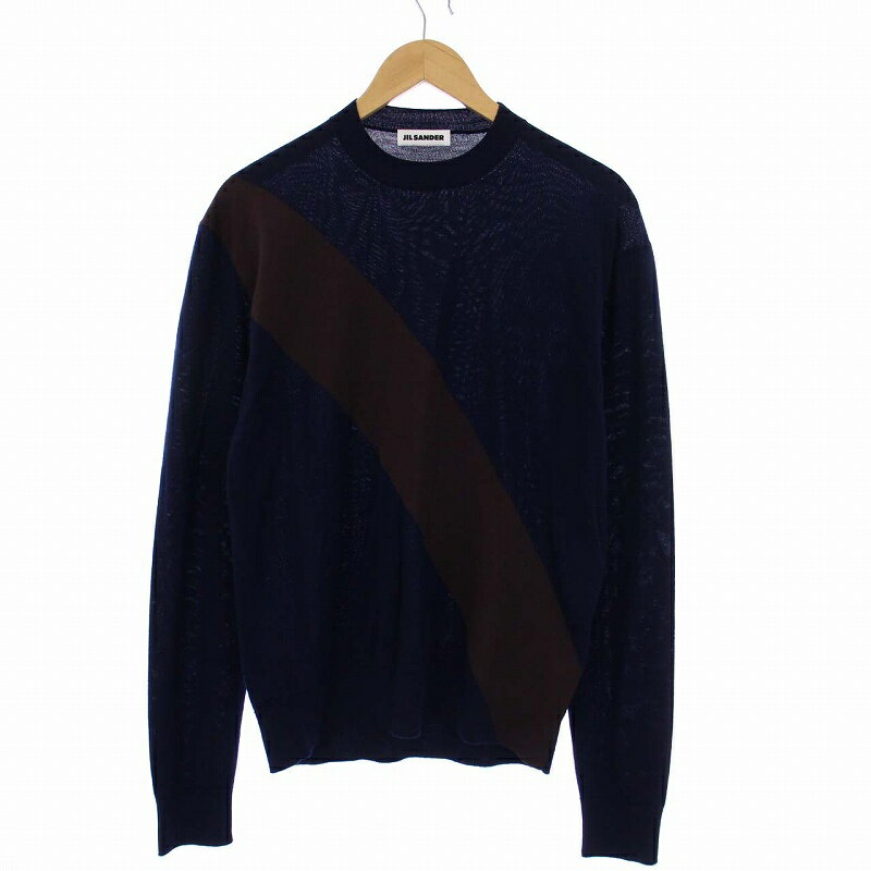 【中古】ジルサンダー JIL SANDER Crew Neck Wool Long Sleeves Designers Sweaters ニット セーター 長袖 切替 46 S 紺 茶 ネイビー ブラウン JSMU751021 /KH メンズ 【ベクトル 古着】 230426