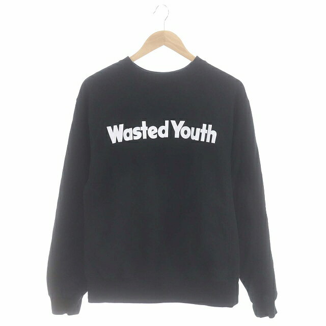 【中古】ウェイステッドユース Wasted Youth ロゴスウェットトレーナー 長袖 裏起毛 M 黒 白 ブラック ホワイト /MI ■OS ■SH メンズ 【ベクトル 古着】 240826