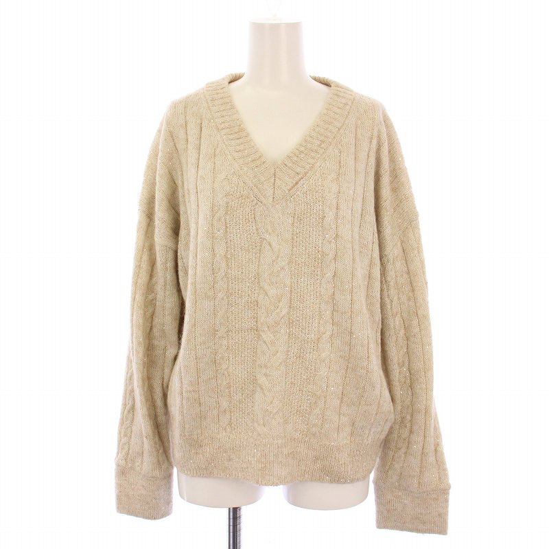 【中古】ピノーレ PINORE ニット セーター 長袖 Vネック スパンコール ラメ ケーブル モヘヤ ウール 40..
