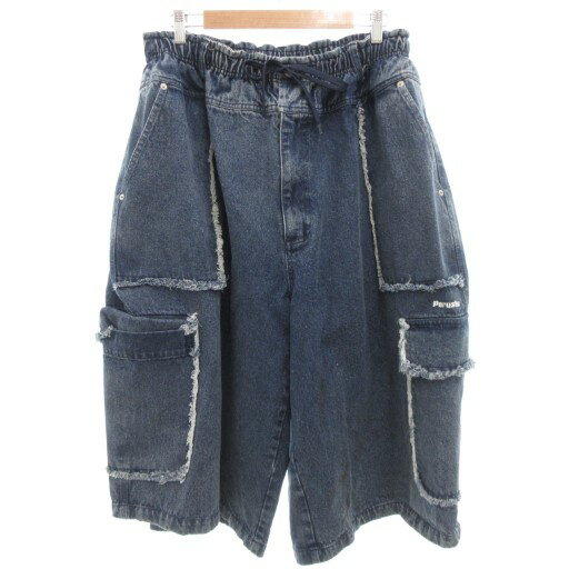【中古】ペルーシュ Perushu ワイドデニムカーゴパンツパンツ ショート ハーフ イージー ロゴ刺繍 ウォッシュ加工 フリンジ M インディゴブルー /GV メンズ 【ベクトル 古着】 251108