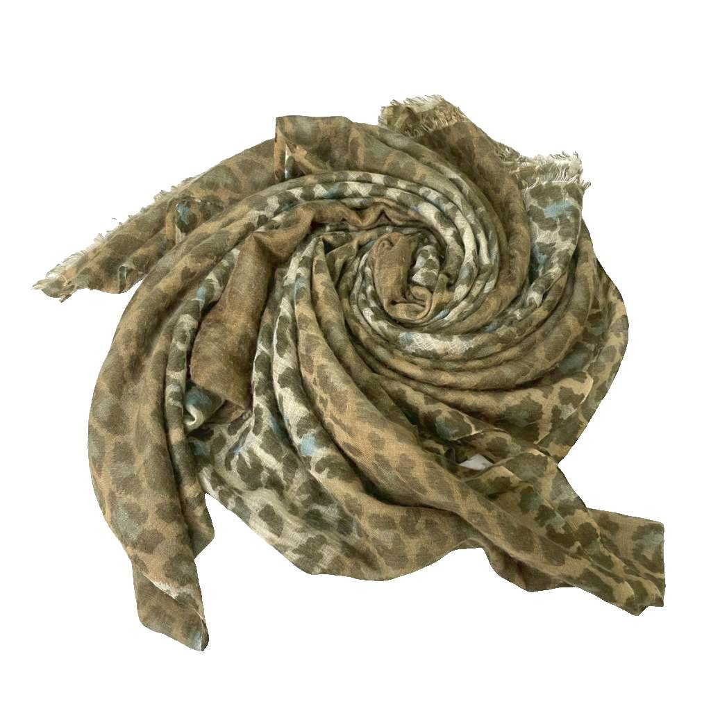 【中古】ドゥースグロワール douce gloire ストール マフラー レオパード柄 ヒョウ柄 フリンジ カーキ..