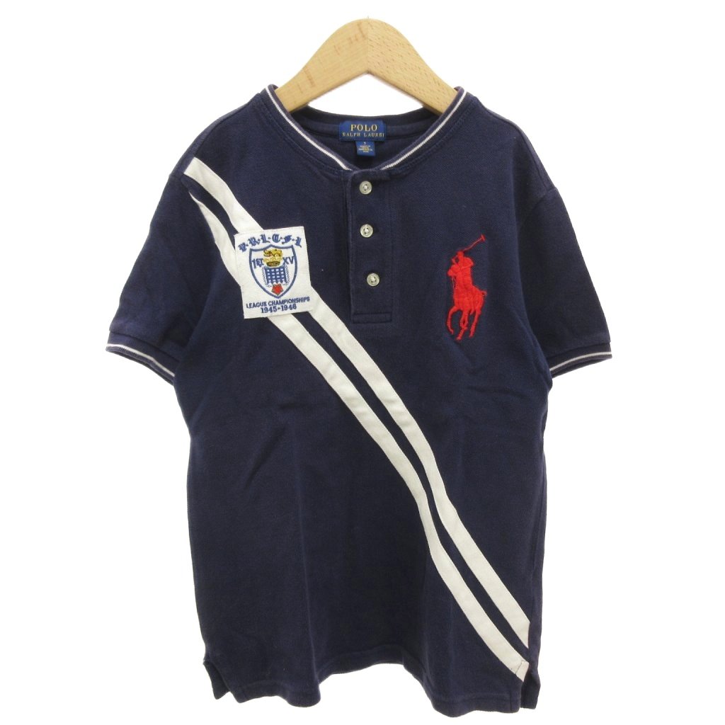 【中古】ポロ ラルフローレン POLO RALPH LAUREN ヘンリーネックTシャツ 半袖 鹿の子 ビックポニー刺繍 ライン 男の子 7 ネイビー ■GY14 キッズ 【ベクトル 古着】 251223
