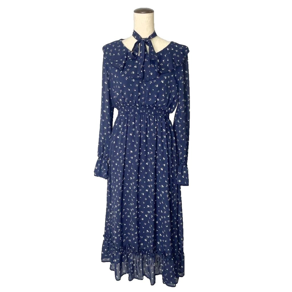 【中古】ティティー&コー TITTY&CO ワンピース リボン 花柄 ロング 長袖 M ネイビー レディース 【ベクトル 古着】 260417