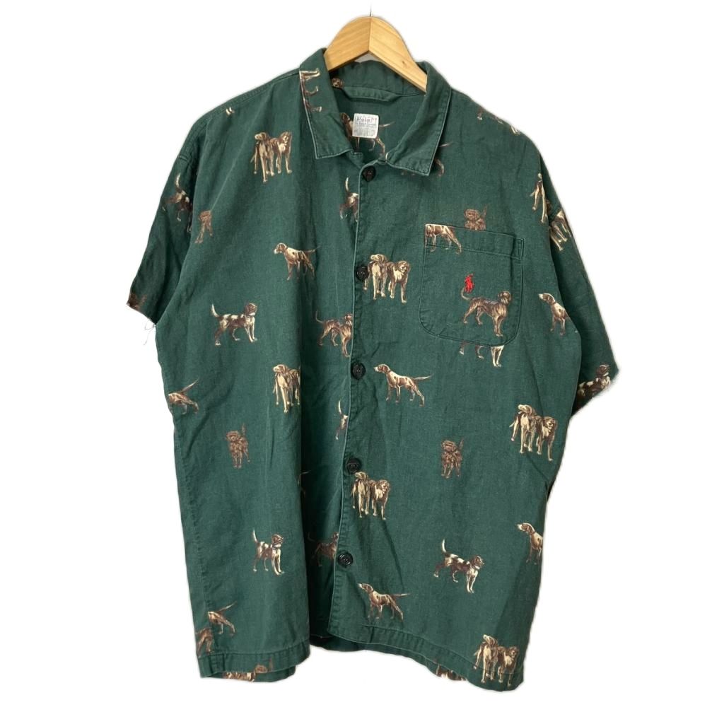 【中古】ポロ バイ ラルフローレン Polo by Ralph Lauren パジャマシャツ 半袖 犬柄 ポニー刺繍 S/M グリーン メンズ 【ベクトル 古着】 260411