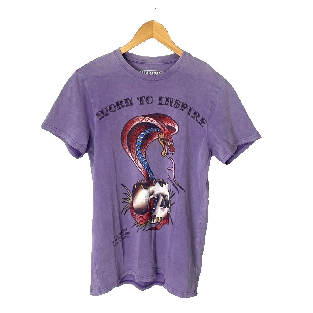 VALABASAS VINTAGE プリント Tシャツ カットソー ダメージ加工 ヘビ柄 ラインスートン 半袖 XS パープル メンズ  260608