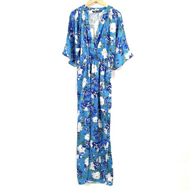 【中古】ザラ ZARA オールインワン 七分袖 花柄 ブルー S レディース 【ベクトル 古着】 241025