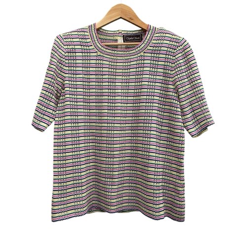 【中古】Toyoko Saito 半袖ニット 丸首 背面ジッパー マルチカラー ピンク系 イエロー系 レディース 【..