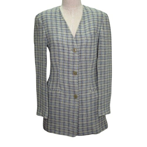 【中古】エンポリオアルマーニ EMPORIO ARMANI 長袖 サマージャケット ノーカラー 格子柄 背抜き リネン 38 Mサイズ相当 ブルー系 k385710 0417 レディース 【ベクトル 古着】 260417