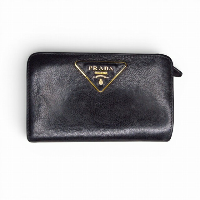 中古 プラダ PRADA 2つ折り財布 ウォレット 三角プレート レザー ブラック k402040 レディース ベクトル…