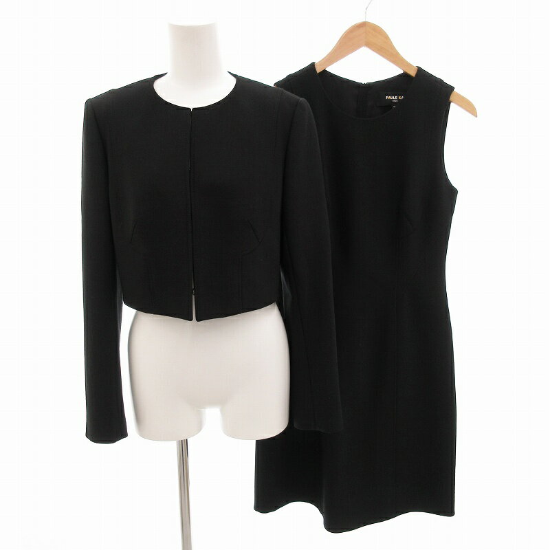 【中古】ポールカ PAULE KA 美品 ブラックフォーマル 冠婚葬祭 喪服 スーツ セットアップ ノーカラージャケット ワンピース ひざ丈 ノースリーブ 36‐38 黒 ブラック /FF レディース 【ベクトル 古着】 250402