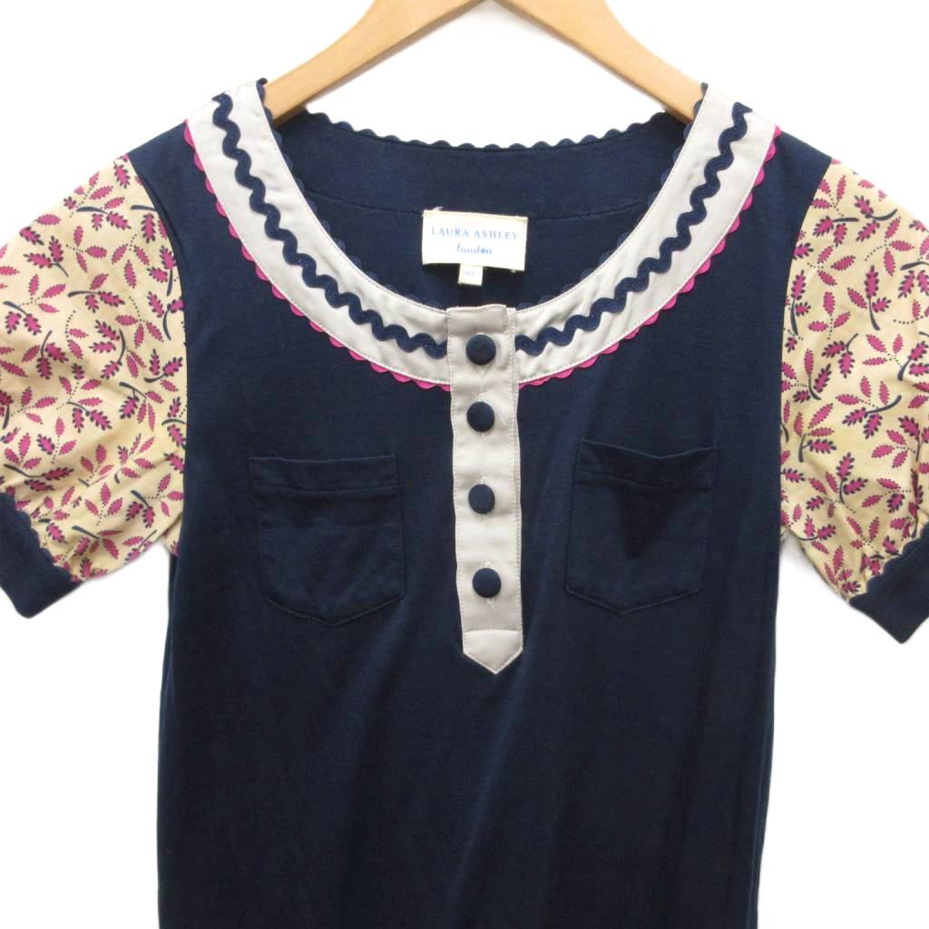 【中古】ローラアシュレイ LAURA ASHLEY ワンピース ひざ丈 半袖 レース リーフ柄 紺 ネイビー 0 約S レディース 【ベクトル 古着】 251210