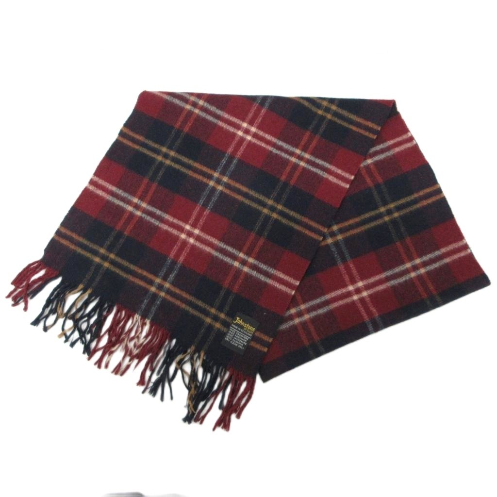 Cashmere - 【中古】ジョンストンズ Johnstons カシミヤマフラー ストール チェック フリンジ カシミヤ100% 赤 レッド 紺 ネイビー マルチカラー ■IBO90 メンズ 【ベクトル 古着】 260409