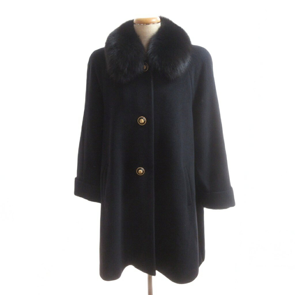 MISS AMBROSINI 銀座マギー 美品 ステンカラーコート ウール 9 黒 ブラック ファーカラー 装飾ボタン ミドル丈 /SJ レディース  260424