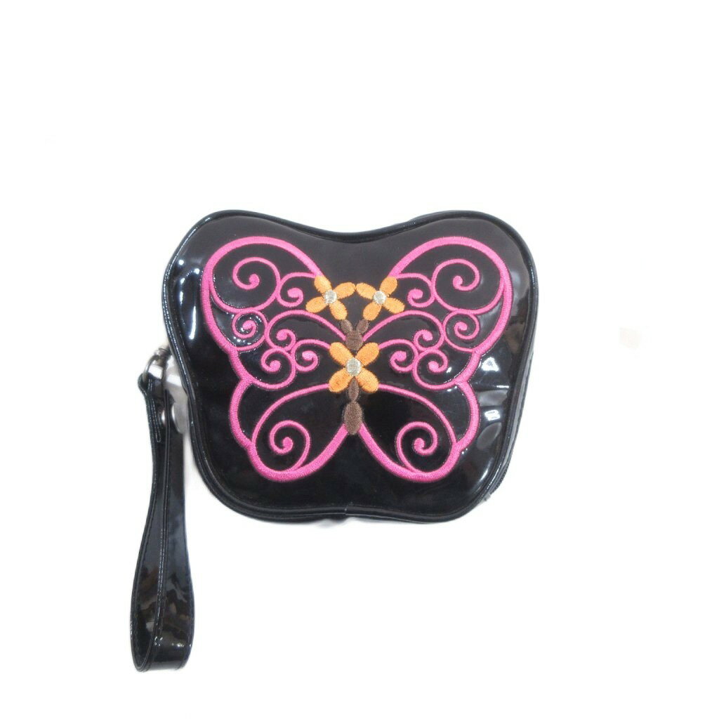 【中古】アナスイ ANNA SUI ポーチ エナメル 黒 ブラック バタフライ ロゴ刺繍/HW ■GY99 レディース 【ベクトル 古着】 260424