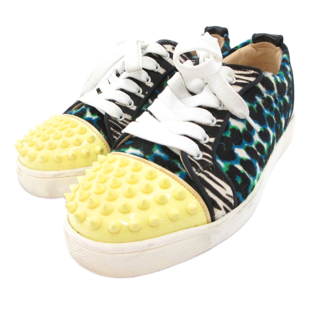 【中古】クリスチャンルブタン Christian louboutin ルイスジュニア スニーカー シューズ スタッズ ハラコ 36 黒 ブラック 青 ブルー 黄 イエロー /JS レディース 【ベクトル 古着】 260511