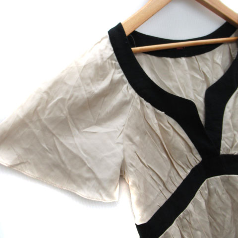 【中古】レイビームス Ray Beams チュニック 半袖 スリットネック バイカラー ベージュ 黒 ブラック /SM14 レディース 【ベクトル 古着】 240917