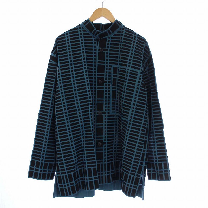 【中古】未使用品 イッセイミヤケ ISSEY MIYAKE A.POC ABLE 23AW TYPE-B 001 幾何学模様 シャツジャケット スタンドカラー 3 L 緑 黒 グリーン ブラック /KH ■SH メンズ 【ベクトル 古着】 231226