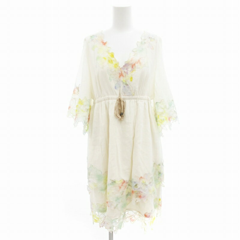 【中古】グレースコンチネンタル GRACE CONTINENTAL ワンピース ひざ丈 花柄 麻 リネン混 半袖 38 白 ホワイト /UD レディース 【ベクトル 古着】 250626