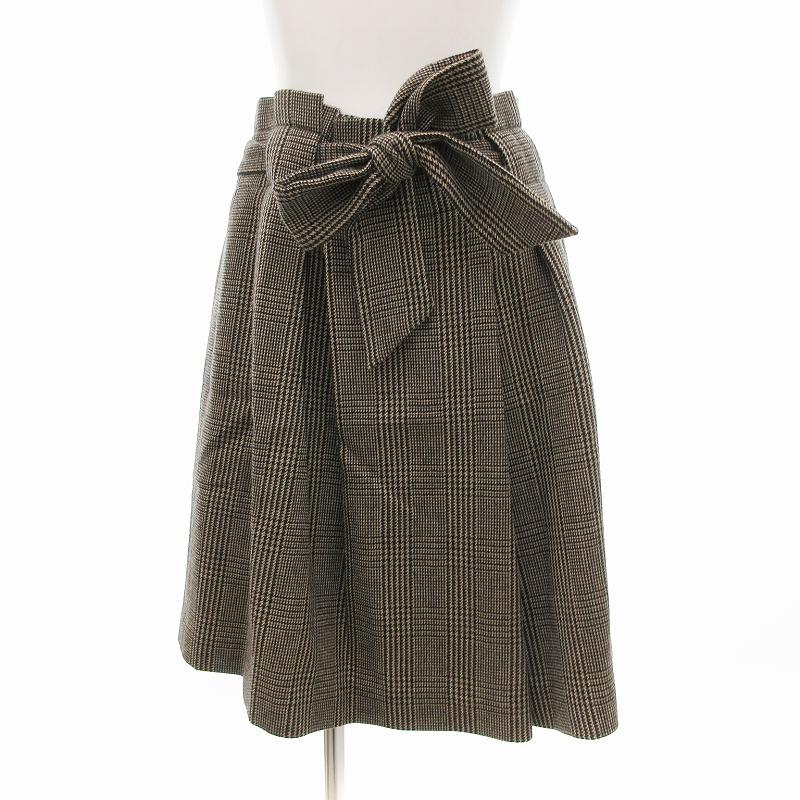 【中古】ストロベリーフィールズ STRAWBERRY-FIELDS タックスカート ひざ丈 フレア リボンベルト グレンチェック グレー /JS レディース 【ベクトル 古着】 250731